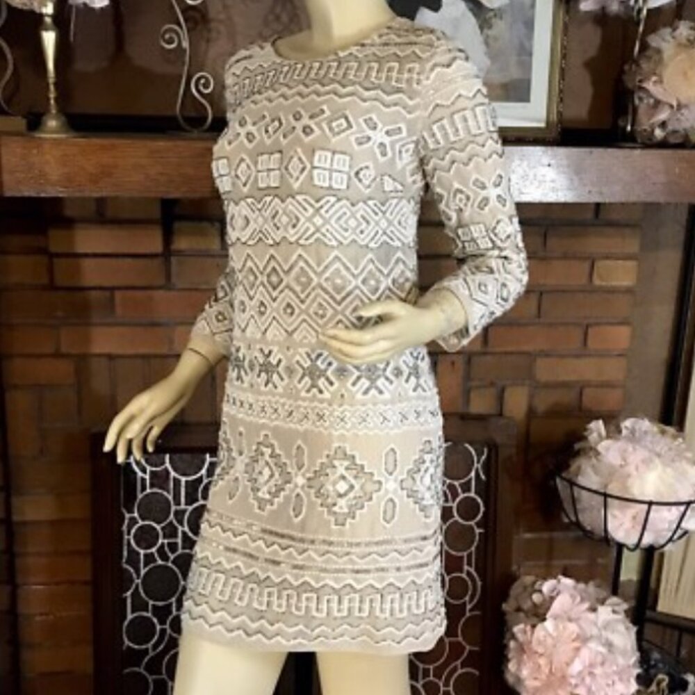 Needle & Thread Long Sleeve Embroidered Beaded Geometric Short  Dress